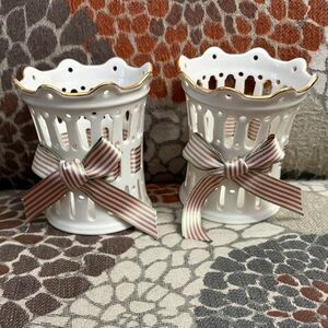 Lenox White Candle Holders with Gold Trim and Ribbon